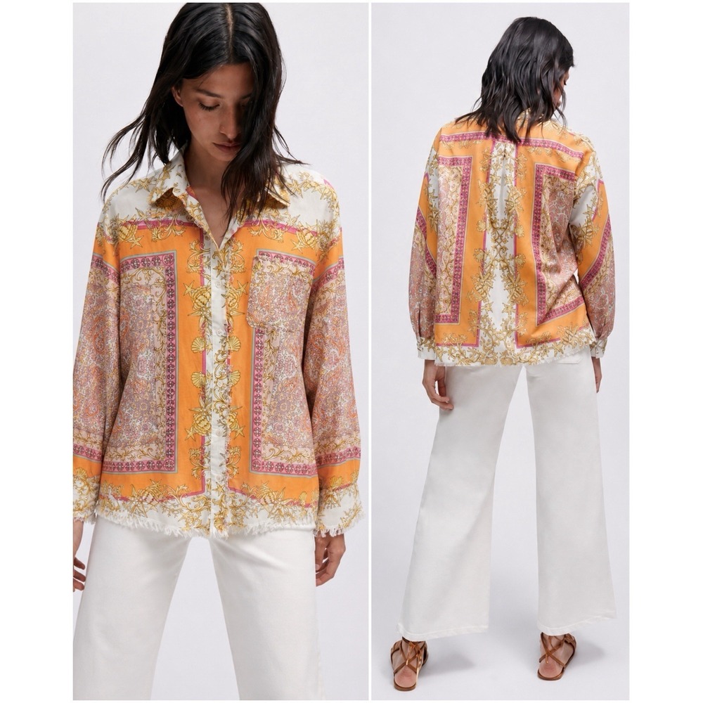 Tizzie Cape Cod Top Women's L Orange Paisley Button Front Frayed Hem Boho